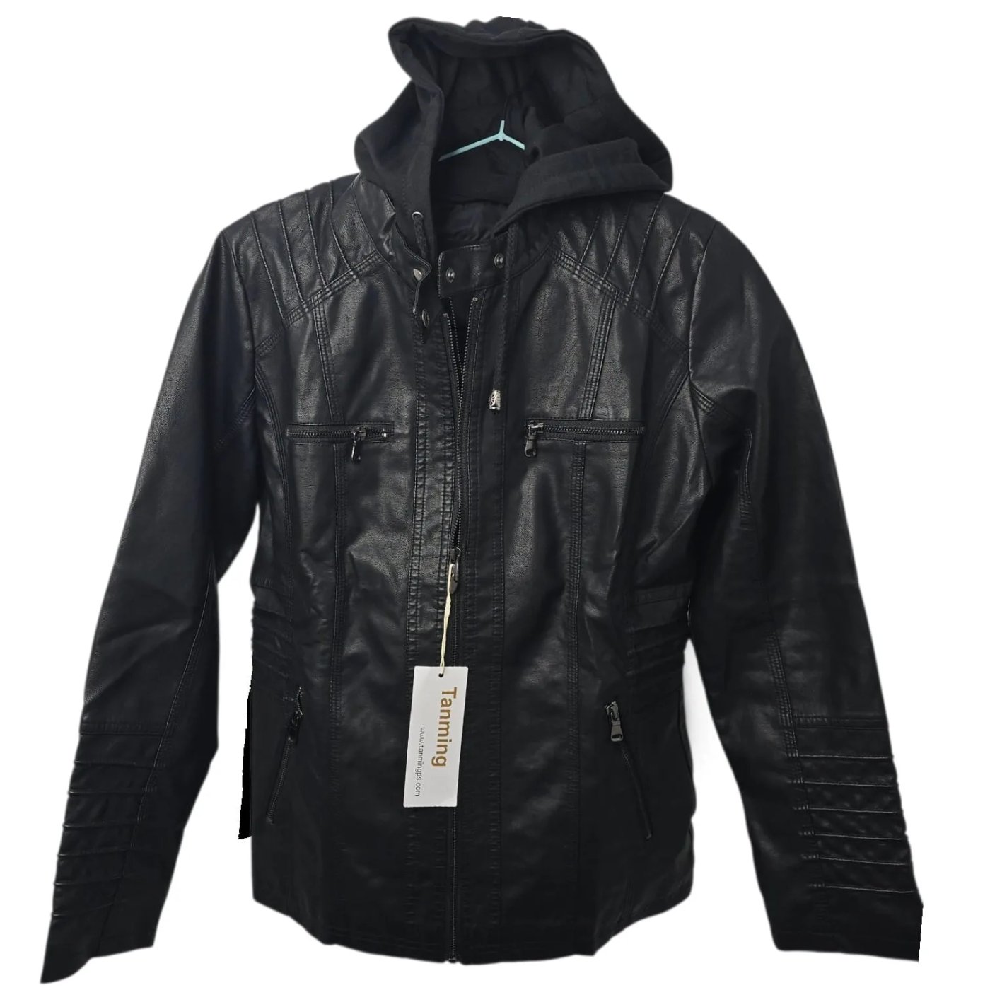 Campera de Eco-cuero Negra Tanming con Capucha Desmontable