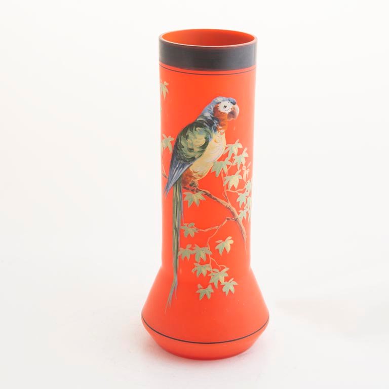 Florero de Opalina Naranja con Loro Decorativo - 26cm