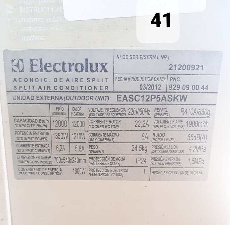 Aire Acondicionado Electrolux 12 BTU - Equipamiento de Refrigeración