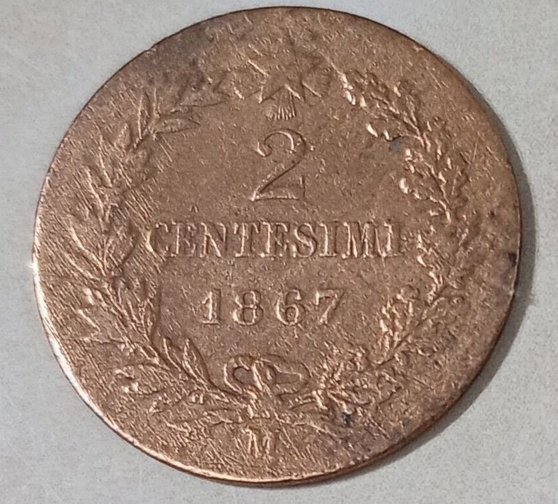 Moneda de Cobre Italiana del año 1867 con Victor Manuel II - imagen 2