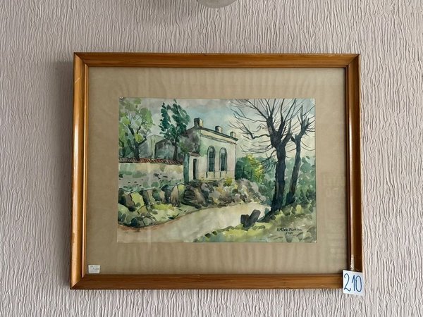 Acuarela "Casa con Árboles" de Milans Martínez, 1962