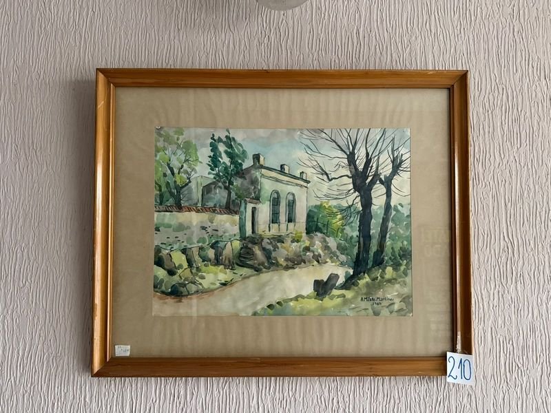 Acuarela "Casa con Árboles" de Milans Martínez, 1962