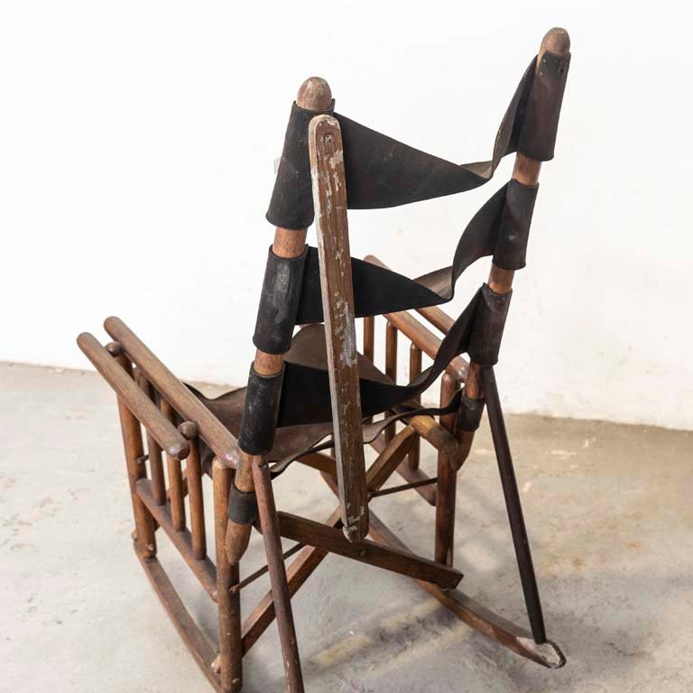 Sillón mecedora plegable de madera y cuero para restaurar - imagen 3
