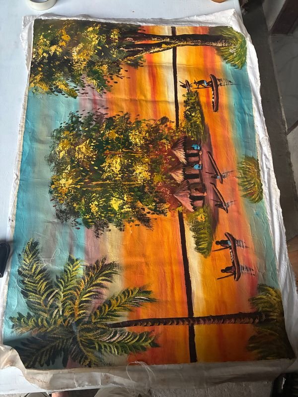 Lienzo traído desde África - Pintura colorida de escena tropical