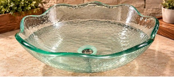 Bacha de Apoyo de Cristal Translúcido Verde Agua con Diseño Floral y Bordes Ondulados - imagen 1