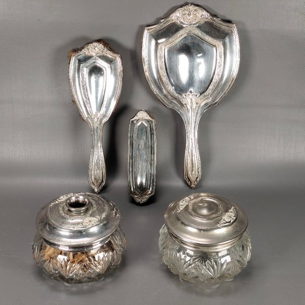 Juego de Tocador Antiguo 5 Piezas Plateadas y Cristal Tallado - imagen 1