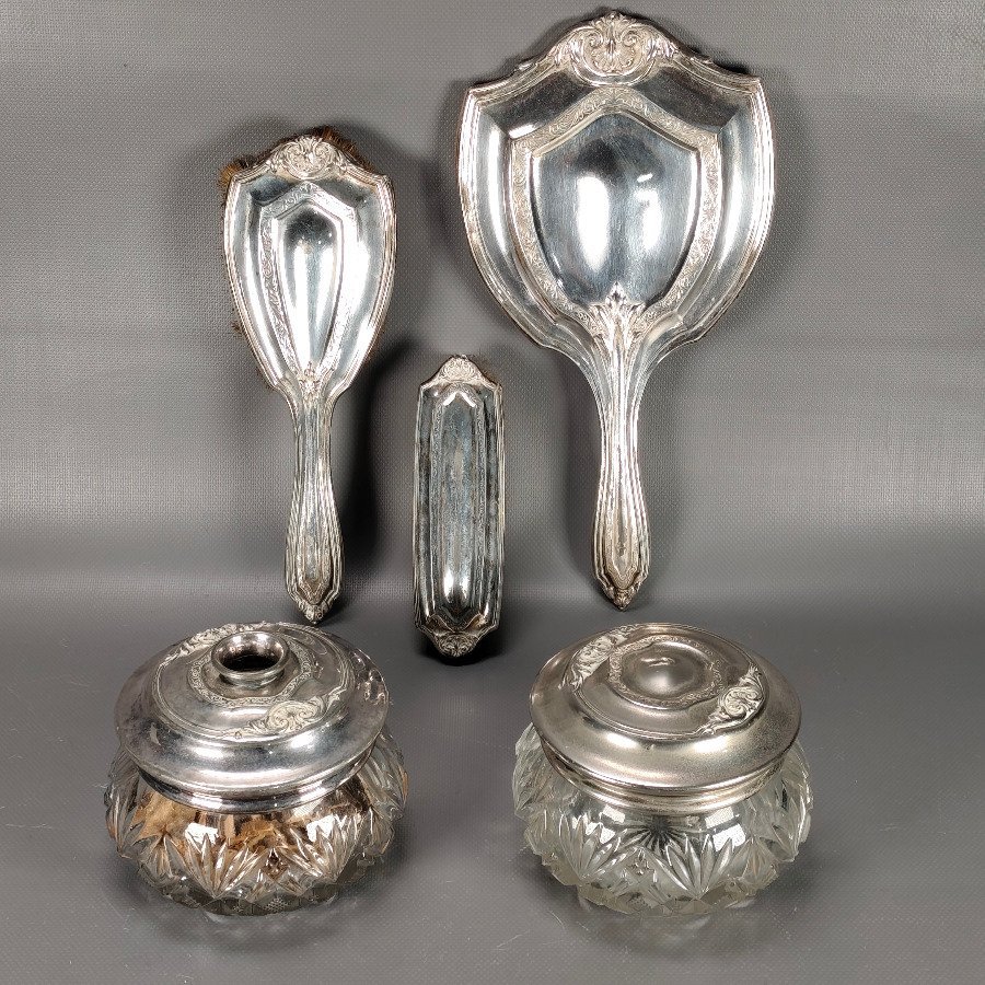 Juego de Tocador Antiguo 5 Piezas Plateadas y Cristal Tallado