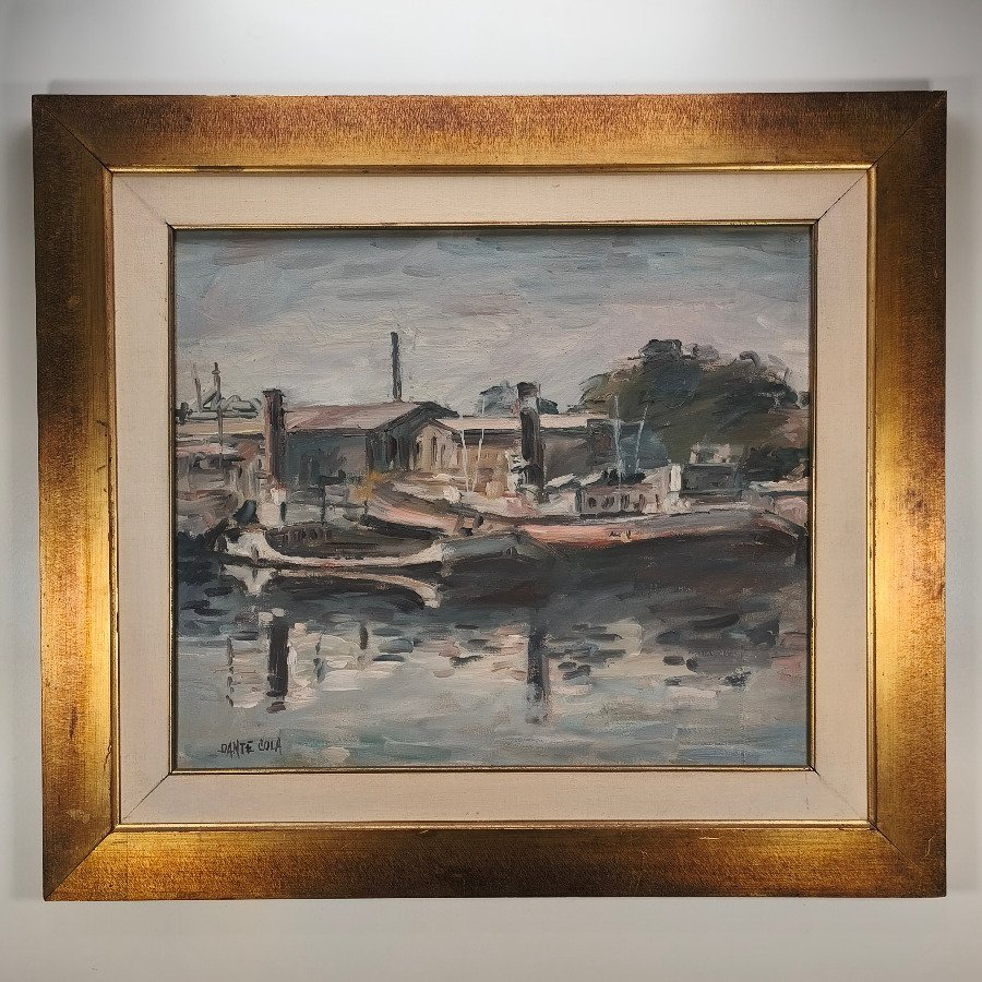 Óleo sobre lienzo "Puerto" firmado Dante Cola, con marco dorado
