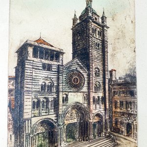 Par de Grabados a Color de Arquitectura Italiana, Marco Dorado y Verde - imagen 3