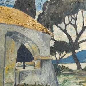 Oleo sobre Lienzo: Paisaje con Árboles y Mar, Firmado J. Hernández, Marco Tallado - imagen 4