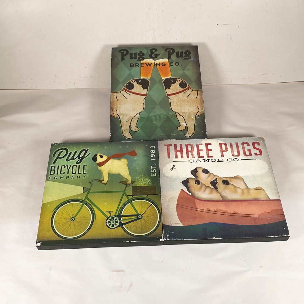 Tres Cuadros Decorativos "Pug & Pug Brewing Co.", "Pug Bicycle Company" y "Three Pugs Canoe Co."
