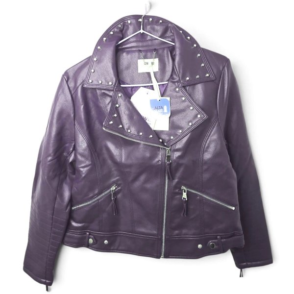 Campera Motoquera Cuero Ecológico Violeta Tachas Plateadas Alta Mar Talle M
