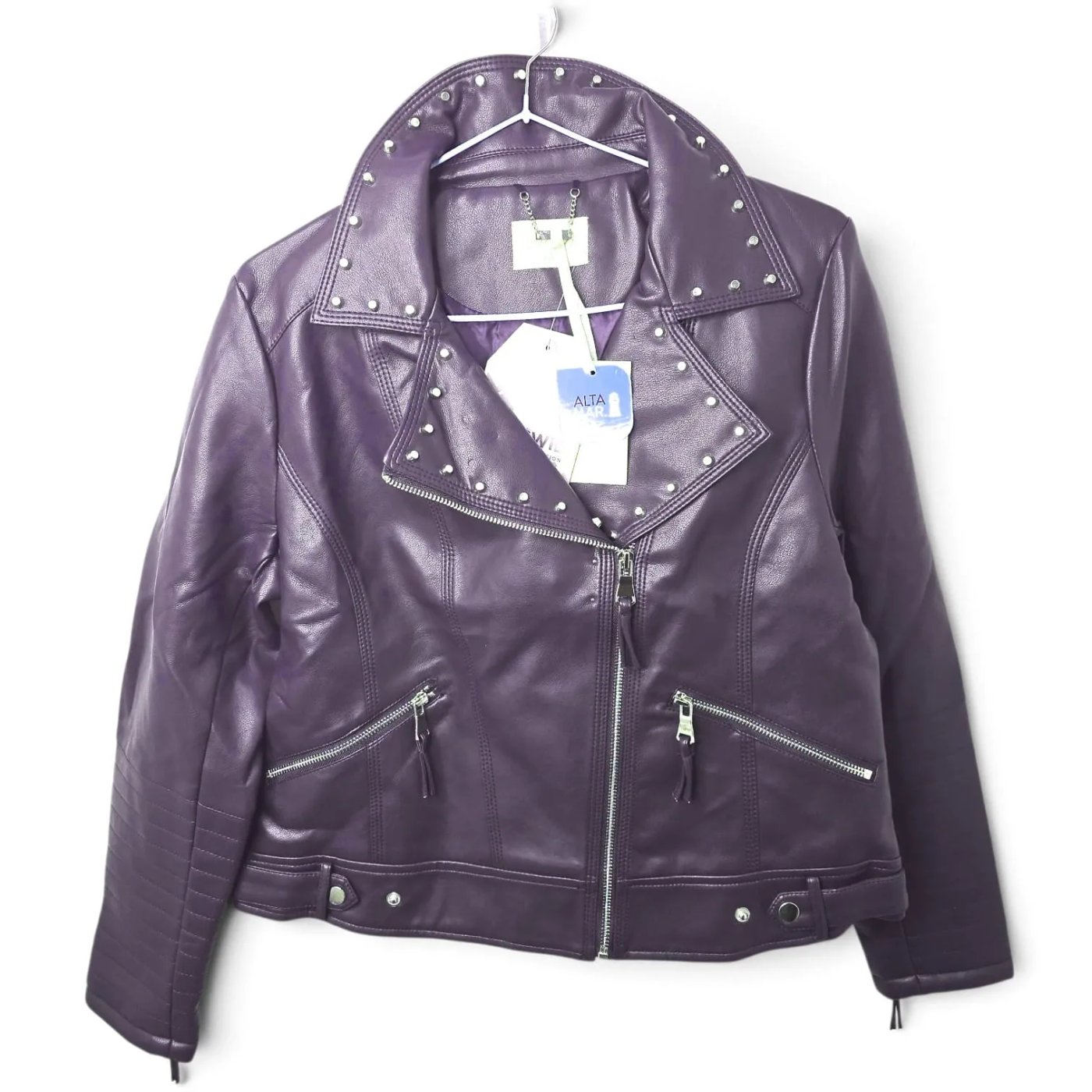 Campera Motoquera Cuero Ecológico Violeta Tachas Plateadas Alta Mar Talle M