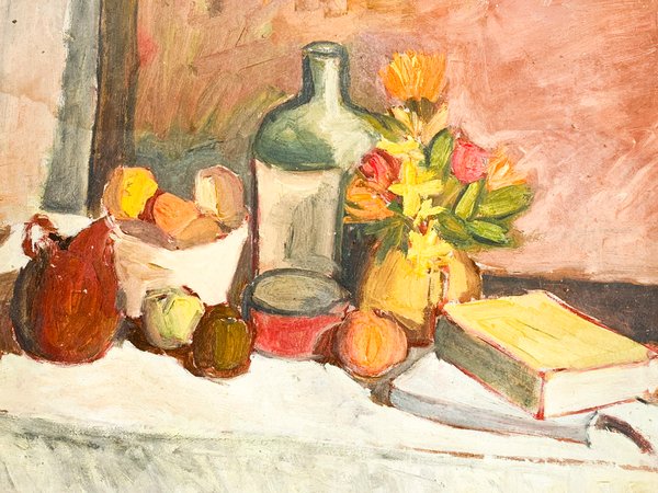 Pintura de Naturaleza Muerta con Frutas, Flores y Libro - imagen 3