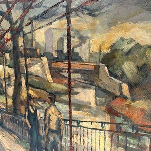 Gran Óleo "El Puente" de Andrés Feldman, Pintor Húngaro Radicado en Uruguay - imagen 2