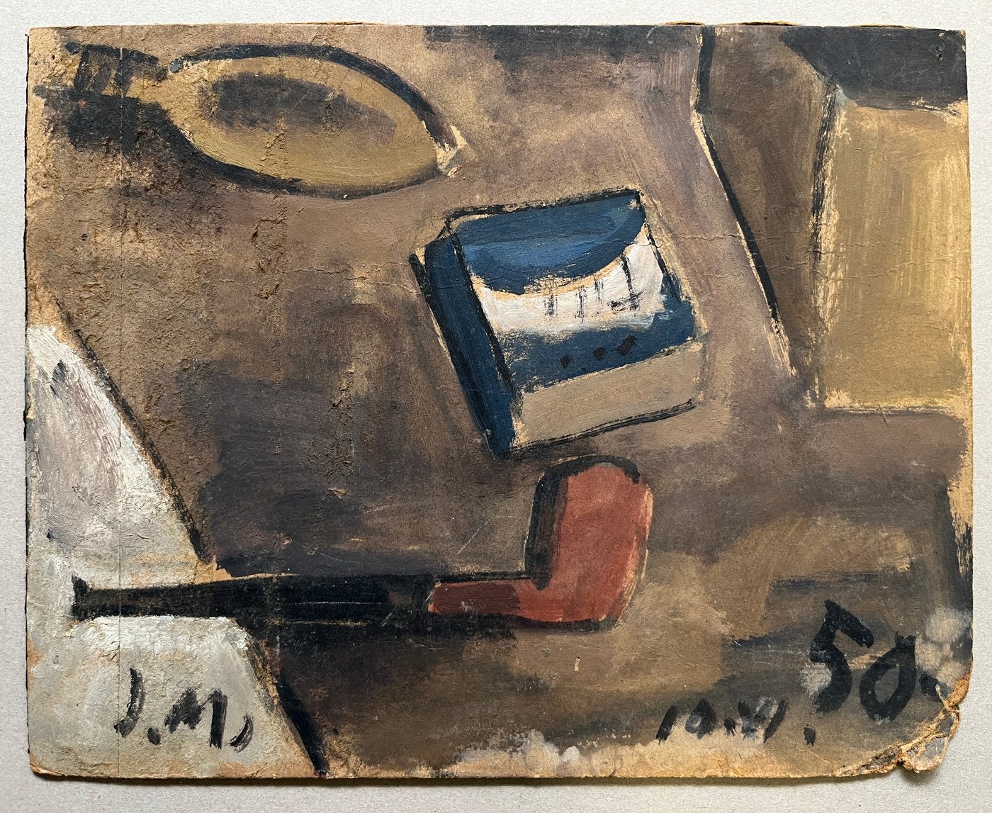 Bodegón con Pipa "Bodegon y pipa" de Jonio Montiel - Óleo sobre Cartón Firmado y Fechado 1950