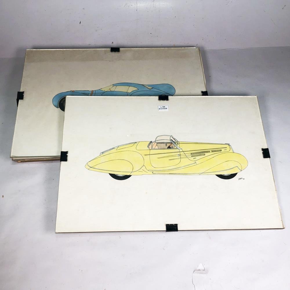 Cuatro Dibujos de Automóviles de Época a Lápiz y Color