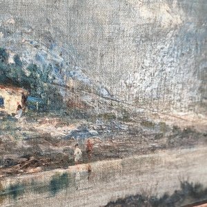Óleo sobre lienzo: Paisaje Montañoso con Casa y Firma Ilegible - imagen 11