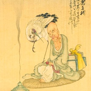 Cuadro de tinta sobre seda: Personaje Louhan con grulla - imagen 2