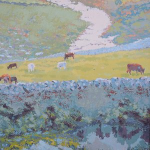 Óleo sobre Lienzo "Campo con Animales" de Klever López Novo - Marco de Madera - imagen 3
