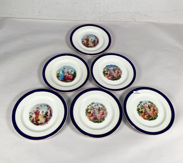 Seis Platos de Porcelana Johnson Bros con Escena Galante y Guarda Azul - imagen 1
