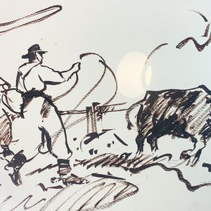 Cuadro Lámina "Escena Gauchezca" con Personajes Enlazando Toro, Marco Grande - imagen 2