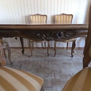 Juego de Comedor Francés Estilo Luis XV con Marquetería y Tapizado Rayado - imagen 5