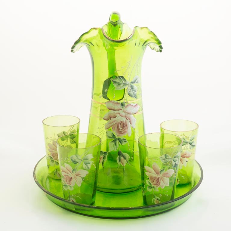 Jarra, 5 Vasos y Bandeja de Cristal Veneciano Esmaltado Verde con Flores