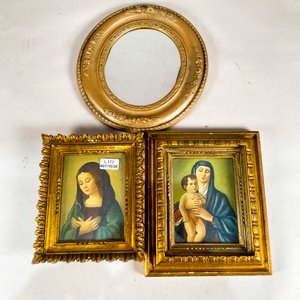 Lote siguiente: Lote de 3 piezas: 2 cuadros religiosos y espejo oval chico