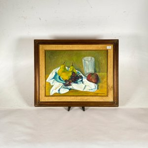 Lote siguiente: Cuadro al óleo sobre tela: Naturaleza muerta con frutas y vaso