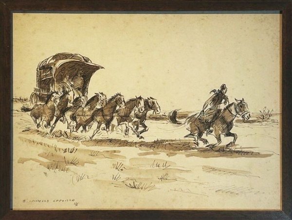 Acuarela "Diligencia" atribuida a Enrique Castells Capurro - 38x28 cm