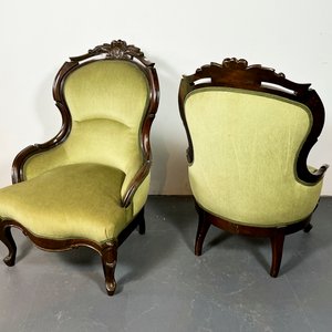 Par de Sillones Victorianos de Caoba con Tapizado de Pana Verde - imagen 4