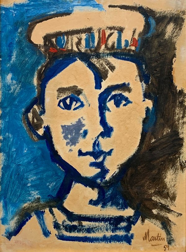 Lote siguiente: Pintura de Vicente Martin: Niño con rostro pintado en azul y marrón