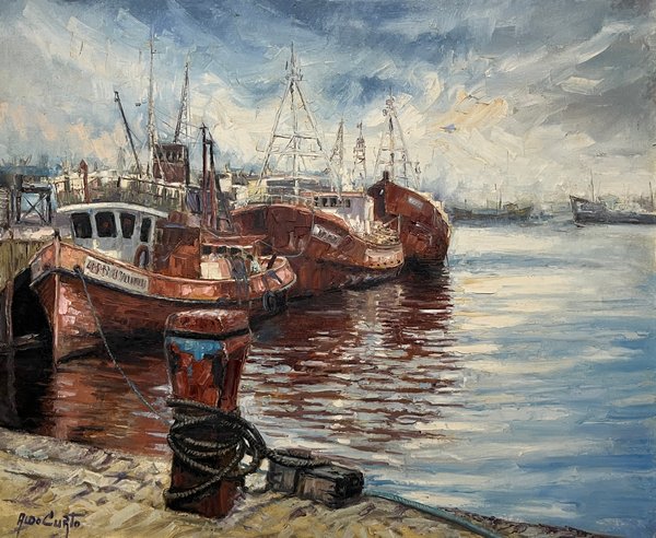 Oleo "Puerto" de Aldo Curto, 100 x 120 cm - imagen 1