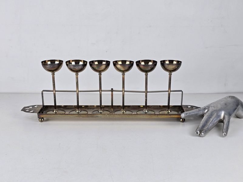 Juego de 6 Copas de Plata Antigua con Soporte Decorativo