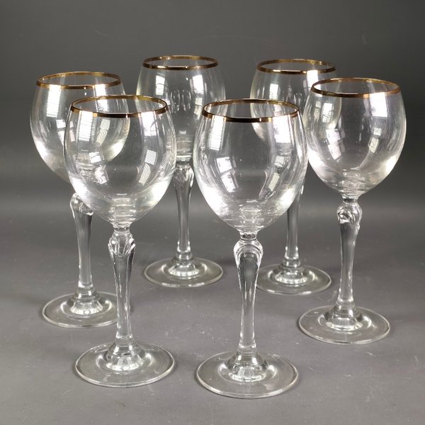 Seis Copas de Cristal para Vino Blanco con Borde Dorado