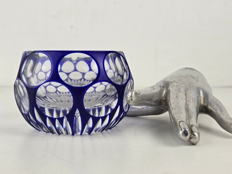 Cenicero Octogonal de Cristal Azul Tallado