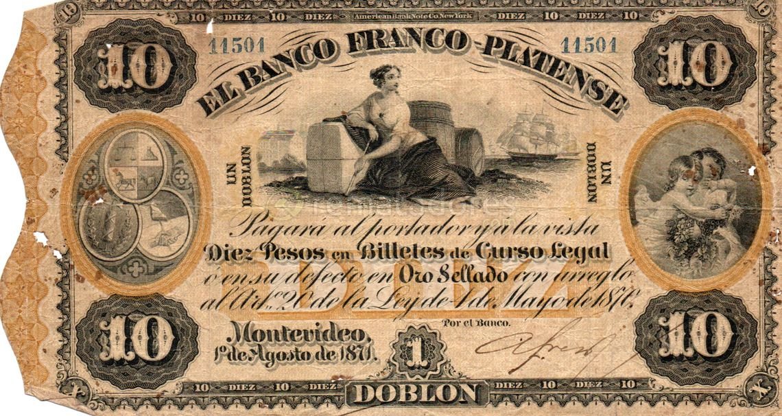 Billetes El Banco Franco Platense de 10 y 20 Doblon