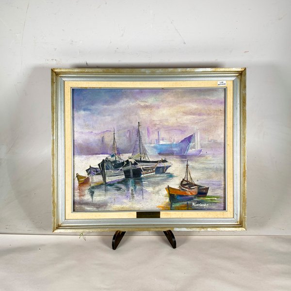 Cuadro al óleo sobre tela "Muelle" firmado R. Lombardía - imagen 1