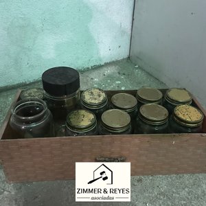 Lote siguiente: Cajón con 8 Frascos de Vidrio y Tapa Metálica Dorada