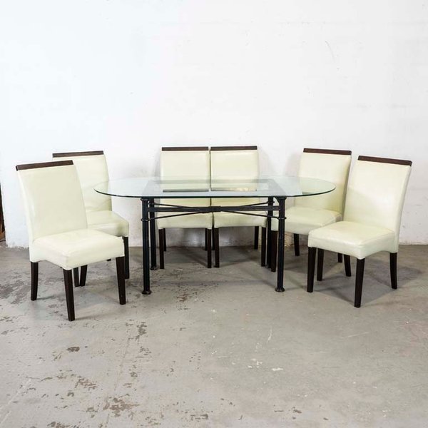 Mesa de Comedor Oval con Base de Hierro y 6 Sillas Tapizadas