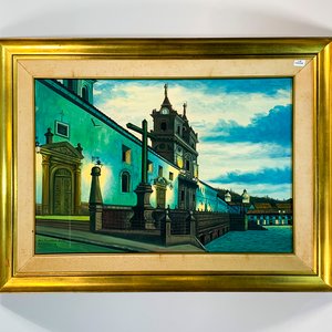 Lote siguiente: Cuadro al óleo "Catedral de San Francisco de Quito" firmado M. Velásteo