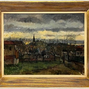 Oleo "Pueblo" de Hugo Sartore, 50 x 65 cm, Firmado y Fechado 1964 - imagen 2