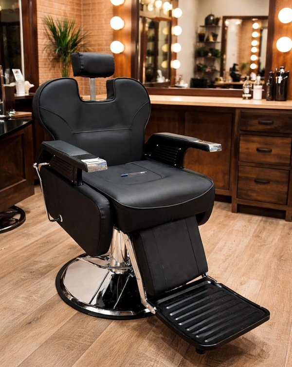Sillón de Barbero Negro Tapizado en Eco Cuero, Reclinable y Regulable - imagen 1