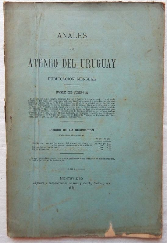 Lote siguiente: Revista Anales Del Ateneo Del Uruguay, Año II - Tomo IV - Mayo, 5 de 1883