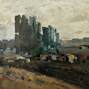 Oleo "Casa y Monte" de Hugo Nantes - 70 x 90 cm - imagen 1