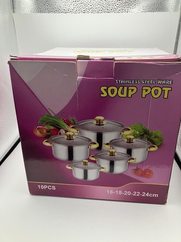Batería de Ollas de Acero Inoxidable con Mangos Dorados (10 Piezas)