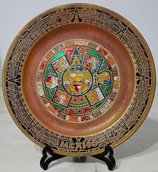 Plato Decorativo Vintage Bronce Esmaltado Calendario Azteca "Piedra del Sol" México - imagen 1