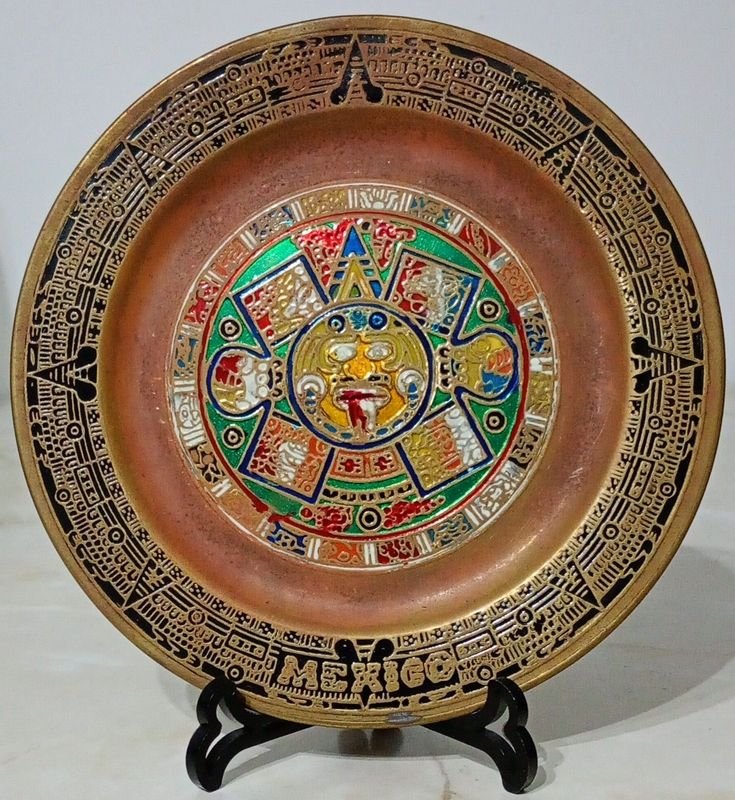 Plato Decorativo Vintage Bronce Esmaltado Calendario Azteca "Piedra del Sol" México