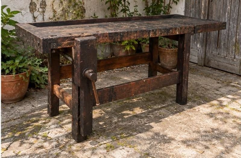 Banco de Carpintero Antiguo de Madera Oscura con Prensa